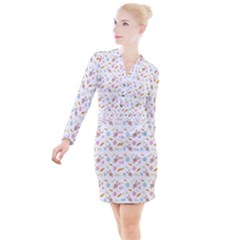 Easter Bunny Pattern Hare Easter Bunny Easter Egg Button Long Sleeve Dress by Ravend