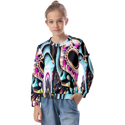 Garden Flower Nature Digital Art Abstract Kids  Long Sleeve Tee With Frill  by Ravend