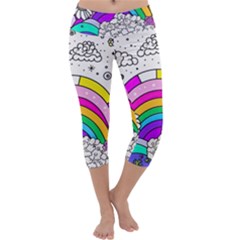 Rainbow Fun Cute Minimal Doodle Drawing Art Capri Yoga Leggings by Ravend