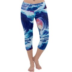 Storm Tsunami Waves Ocean Sea Nautical Nature Capri Yoga Leggings by Ravend