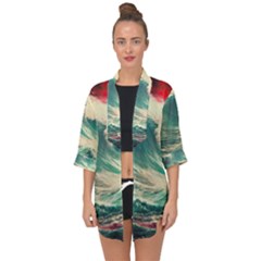 Storm Tsunami Waves Ocean Sea Nautical Nature Painting Open Front Chiffon Kimono by Ravend