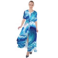 Tsunami Tidal Wave Ocean Waves Sea Nature Water Blue Painting Waist Tie Boho Maxi Dress by Ravend