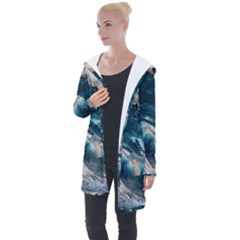 Tsunami Waves Ocean Sea Water Rough Seas 5 Longline Hooded Cardigan by Ravend