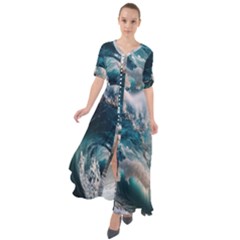 Tsunami Waves Ocean Sea Water Rough Seas 5 Waist Tie Boho Maxi Dress by Ravend