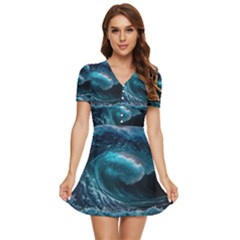 Tsunami Waves Ocean Sea Water Rough Seas 4 V-neck High Waist Chiffon Mini Dress by Ravend