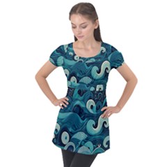 Waves Ocean Sea Abstract Whimsical Abstract Art Puff Sleeve Tunic Top by Ravend