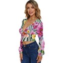 Beautiful Big Blooming Flowers Watercolor Long Sleeve Deep-V Velour Top View2