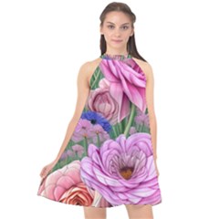 Broken And Budding Watercolor Flowers Halter Neckline Chiffon Dress  by GardenOfOphir