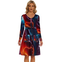 Ai Generated Swirl Splash Blaze Design Art Long Sleeve Dress With Pocket by Ravend