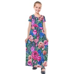 Bright And Brilliant Watercolor Flowers Kids  Short Sleeve Maxi Dress by GardenOfOphir