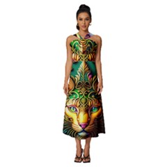 Ai Generated Paisley Pattern Feline Floral Sleeveless Cross Front Cocktail Midi Chiffon Dress by Ravend