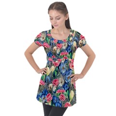 Exquisite Watercolor Flowers Puff Sleeve Tunic Top by GardenOfOphir