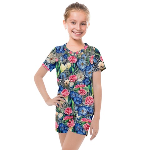 Exquisite Watercolor Flowers Kids  Mesh Tee And Shorts Set by GardenOfOphir