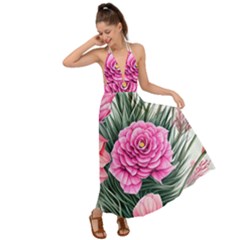 Color-infused Watercolor Flowers Backless Maxi Beach Dress by GardenOfOphir