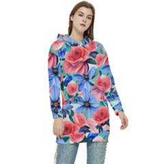 Classy Watercolor Flowers Women s Long Oversized Pullover Hoodie by GardenOfOphir