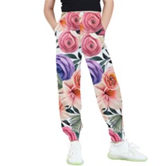 Country-chic Watercolor Flowers Kids  Elastic Waist Pants by GardenOfOphir