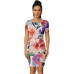 Country-chic Watercolor Flowers Fitted Knot Split End Bodycon Dress by GardenOfOphir