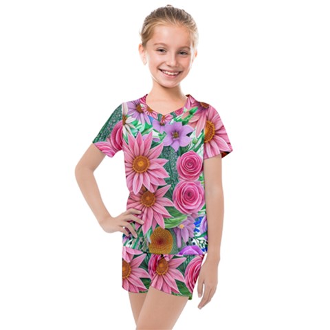 Enchanted Watercolor Flowers Botanical Foliage Kids  Mesh Tee And Shorts Set by GardenOfOphir