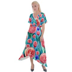 Brilliantly Hued Watercolor Flowers In A Botanical Cross Front Sharkbite Hem Maxi Dress by GardenOfOphir