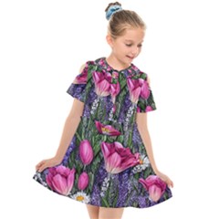 Cheerful Watercolor Flowers Kids  Short Sleeve Shirt Dress by GardenOfOphir