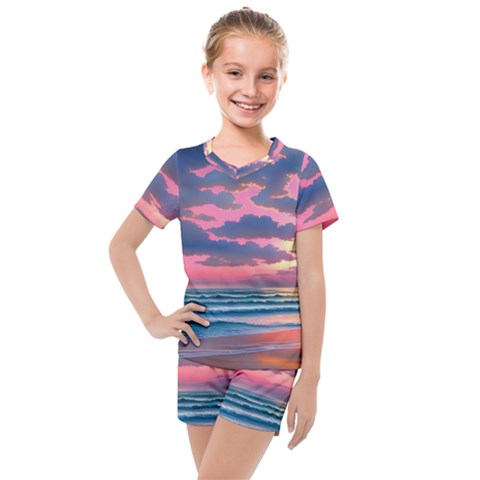 Sunset Over The Beach Kids  Mesh Tee And Shorts Set by GardenOfOphir