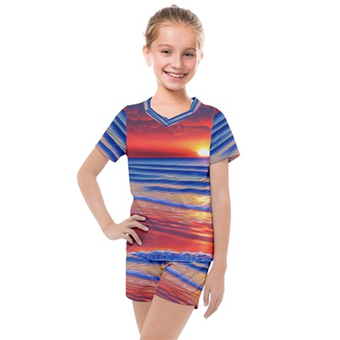 Golden Sunset Over Beach Kids  Mesh Tee And Shorts Set by GardenOfOphir