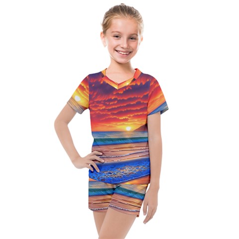 Sunset Over The Ocean Kids  Mesh Tee And Shorts Set by GardenOfOphir