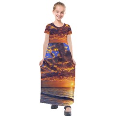 Orange Sunburst Kids  Short Sleeve Maxi Dress by GardenOfOphir