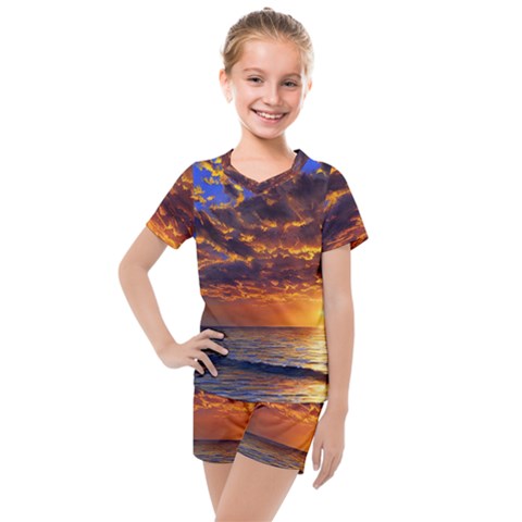 Orange Sunburst Kids  Mesh Tee And Shorts Set by GardenOfOphir