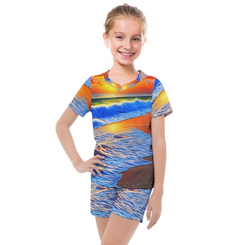 Summer Sunset At The Beach Kids  Mesh Tee And Shorts Set by GardenOfOphir