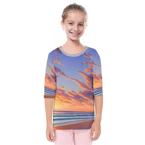 Summer Sunset Over Beach Kids  Quarter Sleeve Raglan Tee by GardenOfOphir