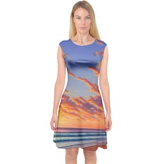 Summer Sunset Over Beach Capsleeve Midi Dress by GardenOfOphir