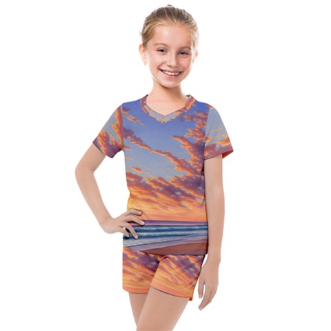 Summer Sunset Over Beach Kids  Mesh Tee And Shorts Set by GardenOfOphir