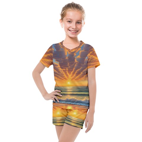 Waves At Sunset Kids  Mesh Tee And Shorts Set by GardenOfOphir