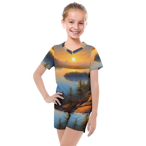 Distant Sunset Kids  Mesh Tee And Shorts Set by GardenOfOphir