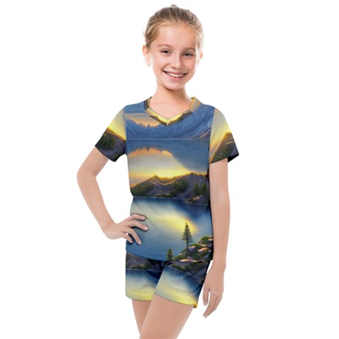 Crimson Sunset Kids  Mesh Tee And Shorts Set by GardenOfOphir