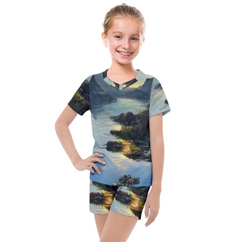 Incredible Sunset Kids  Mesh Tee And Shorts Set by GardenOfOphir