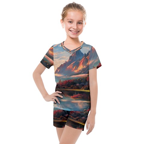 Opulent Sunset Kids  Mesh Tee And Shorts Set by GardenOfOphir