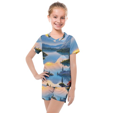 Somber Lake Sunset Kids  Mesh Tee And Shorts Set by GardenOfOphir