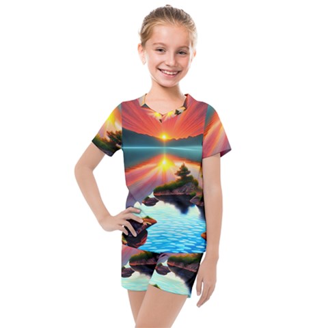 Gorgeous Sunset Kids  Mesh Tee And Shorts Set by GardenOfOphir