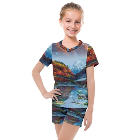 Breathtaking Landscape Scene Kids  Mesh Tee And Shorts Set by GardenOfOphir