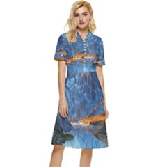 Majestic Lake Landscape Button Top Knee Length Dress by GardenOfOphir