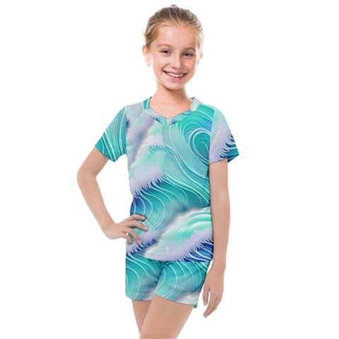 Stunning Pastel Blue Ocean Waves Kids  Mesh Tee And Shorts Set by GardenOfOphir