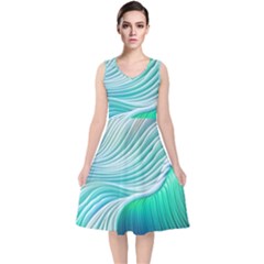 Pastel Abstract Waves Pattern V-neck Midi Sleeveless Dress  by GardenOfOphir