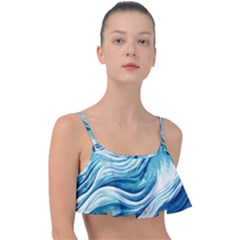 Abstract Blue Ocean Waves Frill Bikini Top by GardenOfOphir