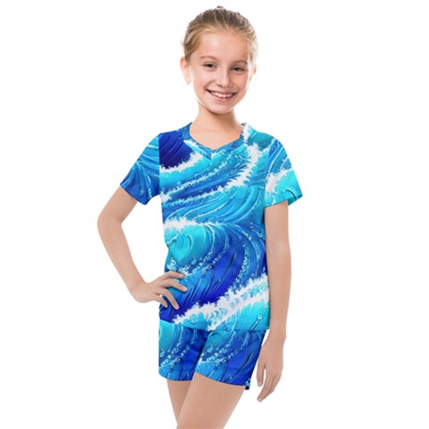 Simple Blue Ocean Wave Kids  Mesh Tee And Shorts Set by GardenOfOphir