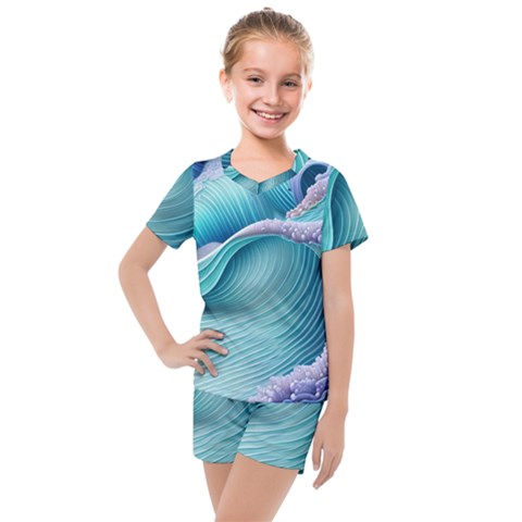 Pastel Sea Waves Kids  Mesh Tee And Shorts Set by GardenOfOphir