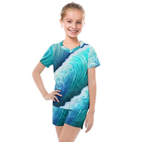 Abstract Waves In Blue And Green Kids  Mesh Tee And Shorts Set by GardenOfOphir