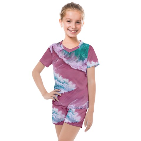 Ocean Waves In Pink Kids  Mesh Tee And Shorts Set by GardenOfOphir