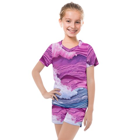 Abstract Pink Ocean Waves Kids  Mesh Tee And Shorts Set by GardenOfOphir